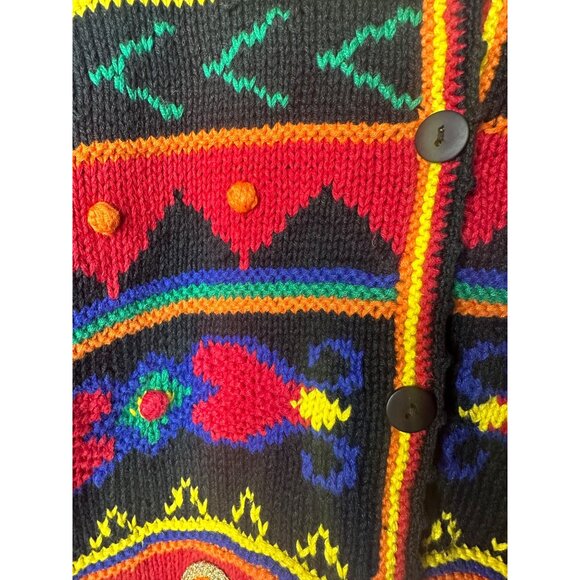 Colorful Expressive Womans Cardigan Sweater Size M Black Red Yellow & Blue Wool - Picture 6 of 7